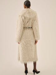 Women Ruffle Faux Feather Coat - Cream