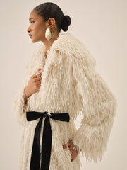 Women Ruffle Faux Feather Coat - Cream