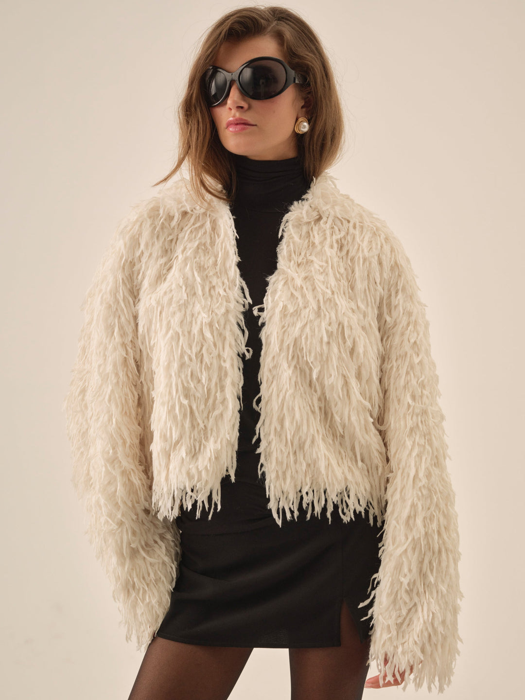 Women Ruffle Faux Feather Jacket - Cream