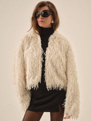 Women Ruffle Faux Feather Jacket - Cream