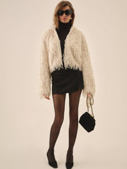 Women Ruffle Faux Feather Jacket - Cream