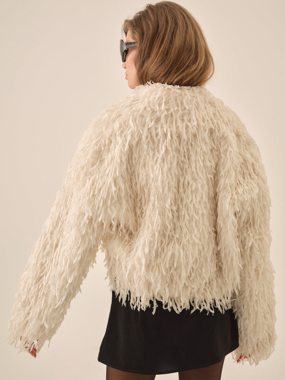 Women Ruffle Faux Feather Jacket - Cream