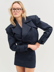 Women Cotton Twill Cropped Jacket - Navy
