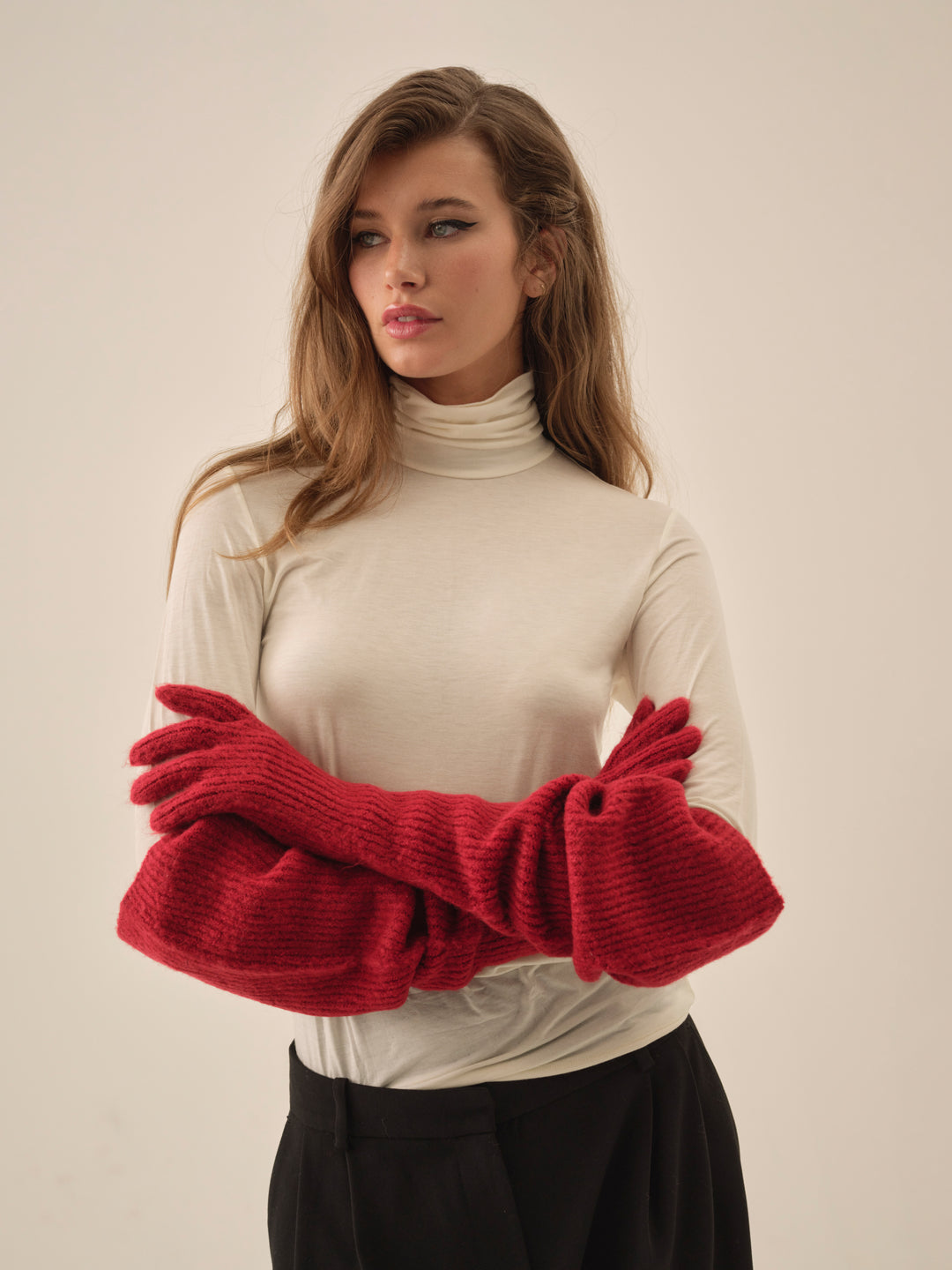 Women Slouchy Rib Knit Gloves - Red