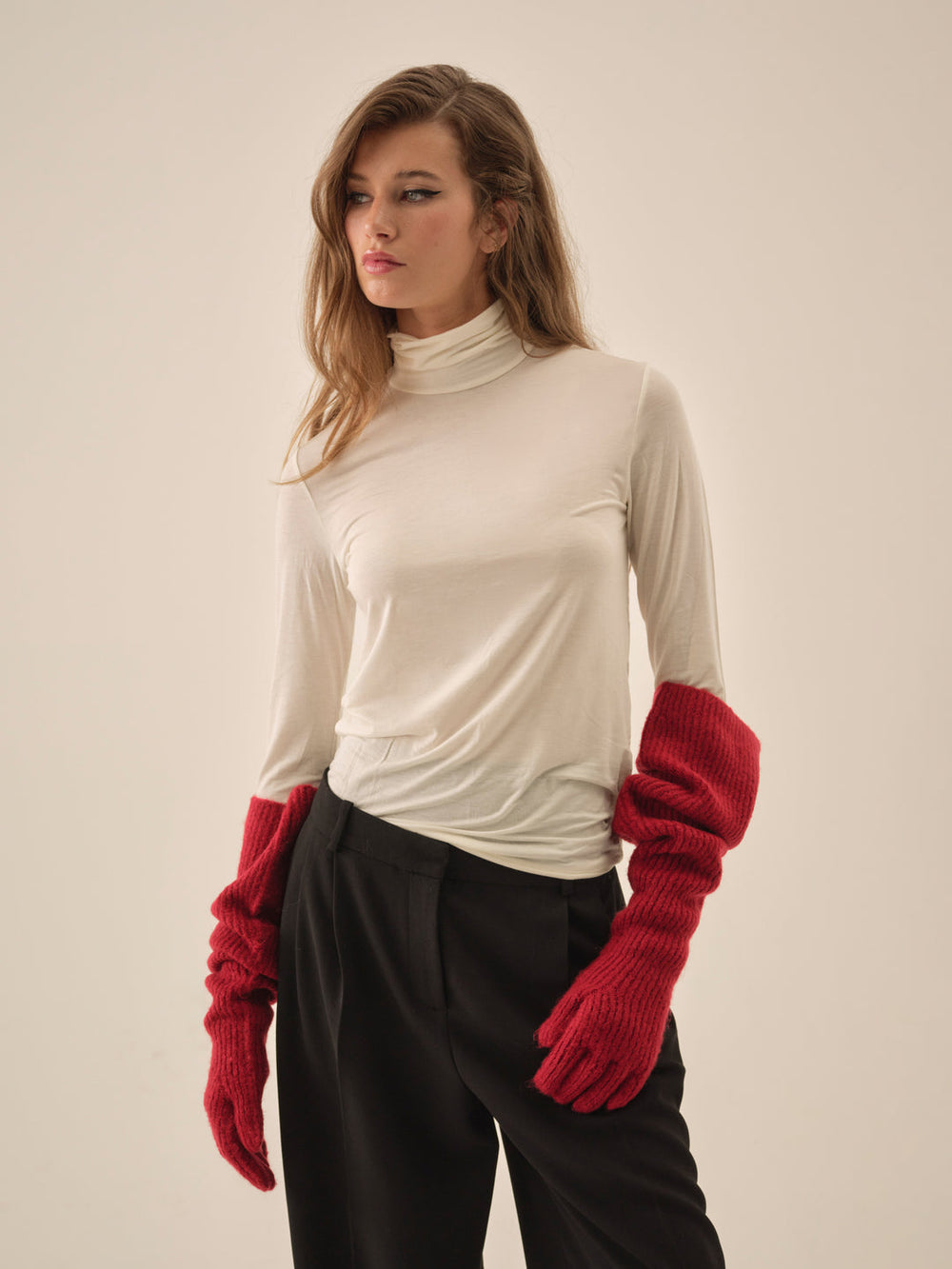 Women Slouchy Rib Knit Gloves - Red