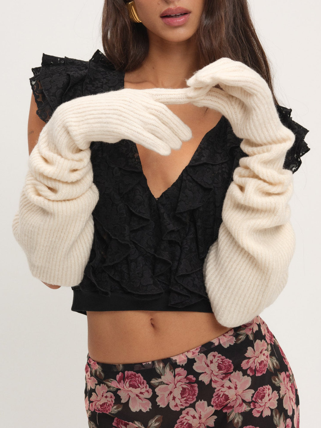 Women Slouchy Rib Knit Gloves - Cream
