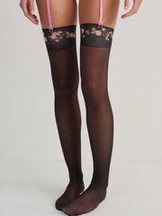 Women Rose Vine Thigh-High Socks - Black