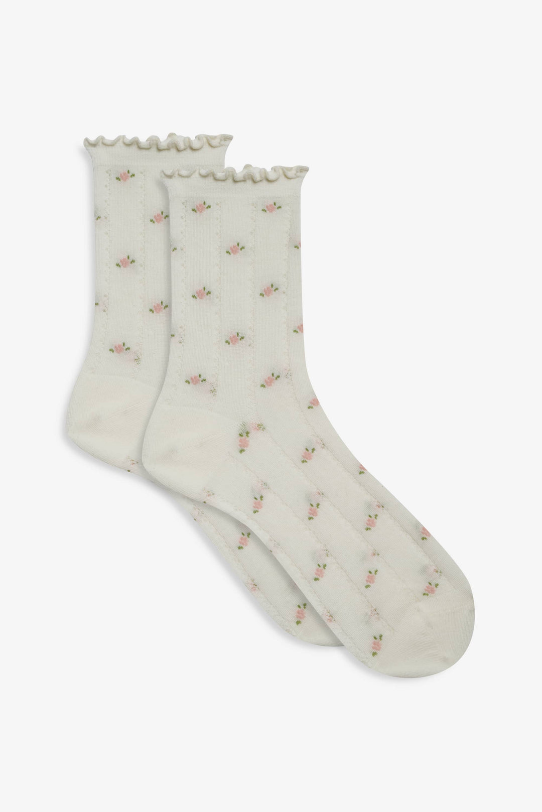 Women Pointelle Floral Crew Socks - Cream