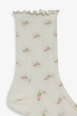 Women Pointelle Floral Crew Socks - Cream