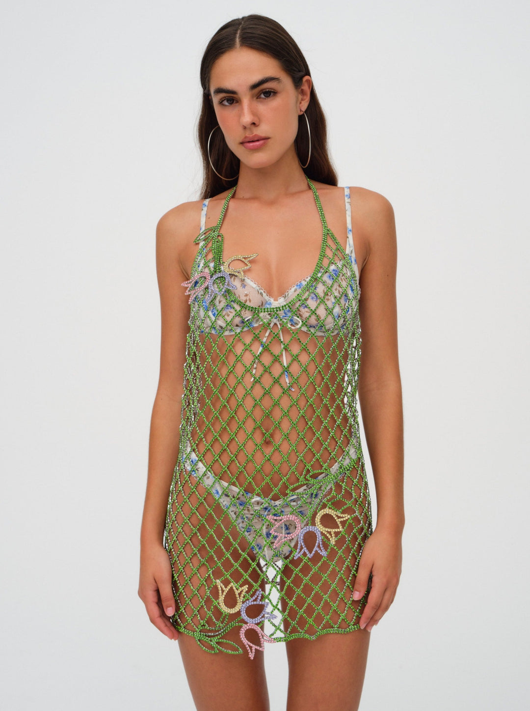 Women Tulip Grid Rhinestone Dress - Green