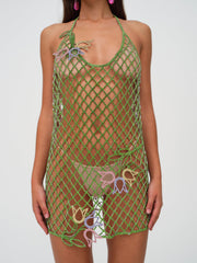 Women Tulip Grid Rhinestone Dress - Green
