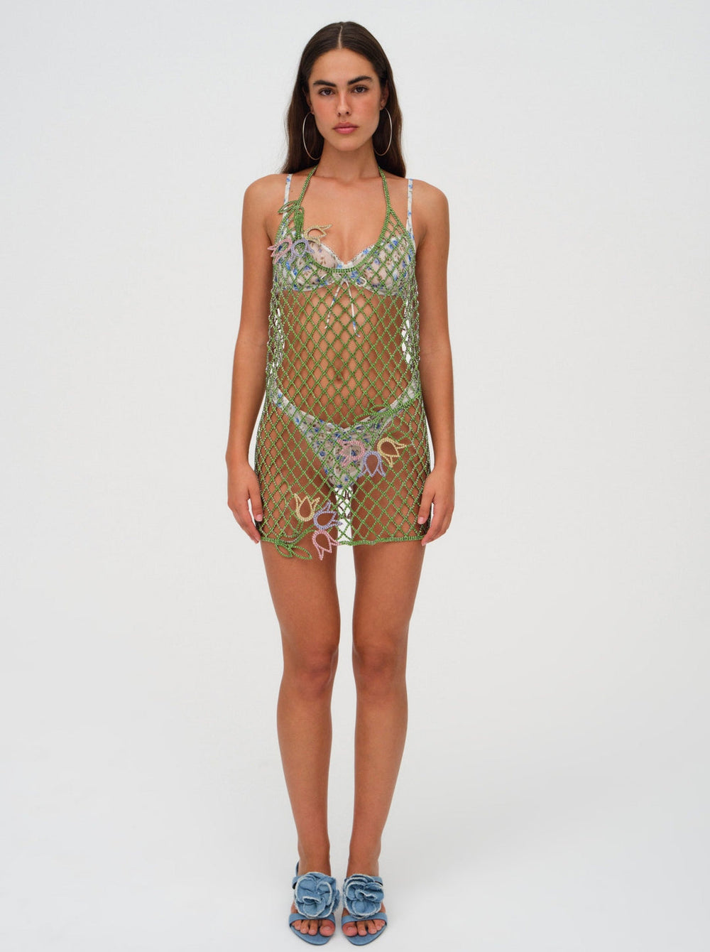 Women Tulip Grid Rhinestone Dress - Green