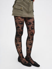 Women Floral Knit Tights - Black