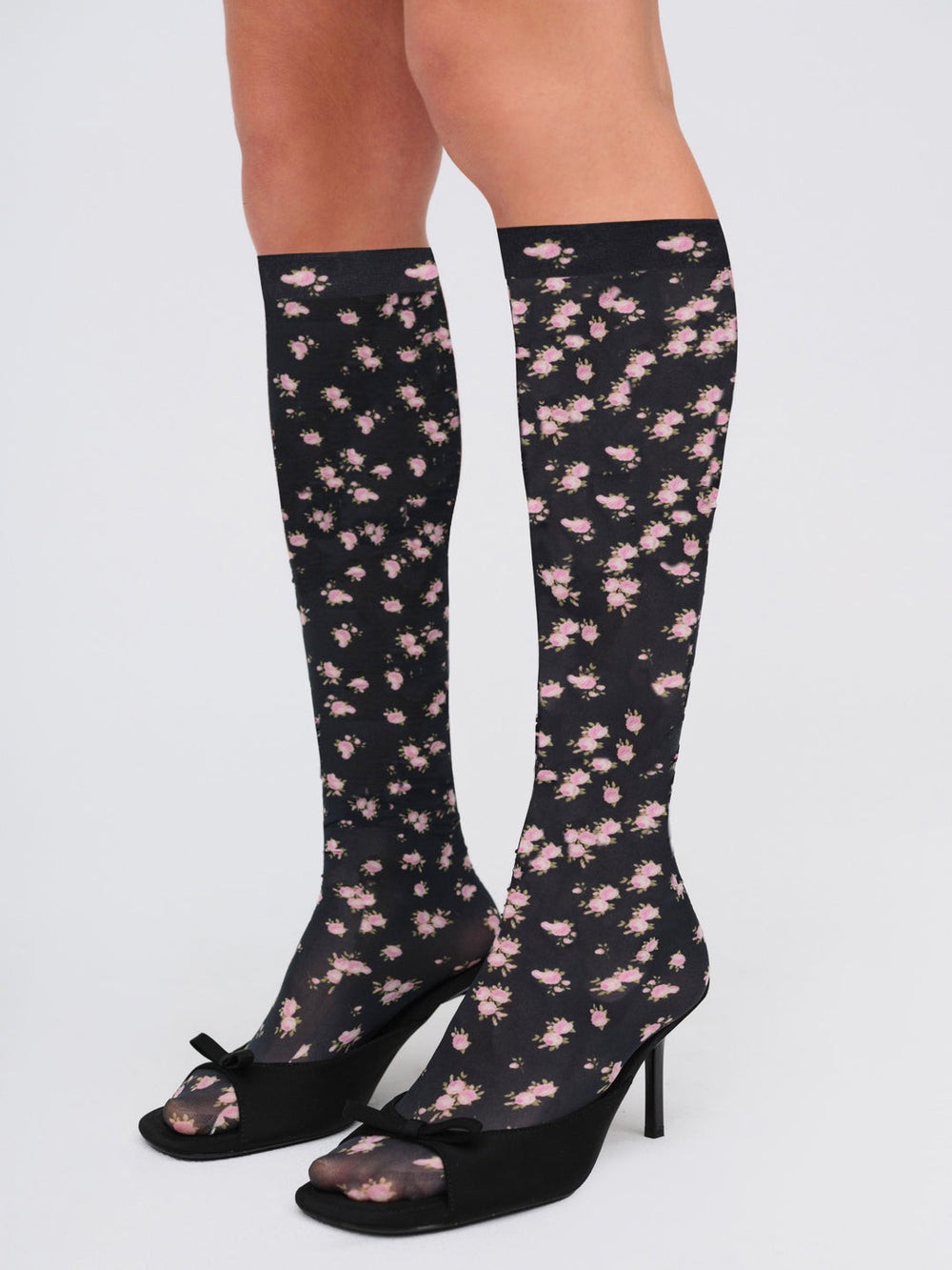 Women Floral Knee-High Socks - Black