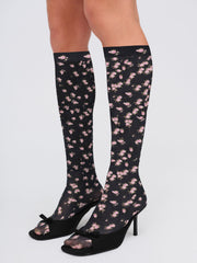Women Floral Knee-High Socks - Black