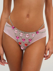 Women Rhinestone Heart Thong Panty - Red
