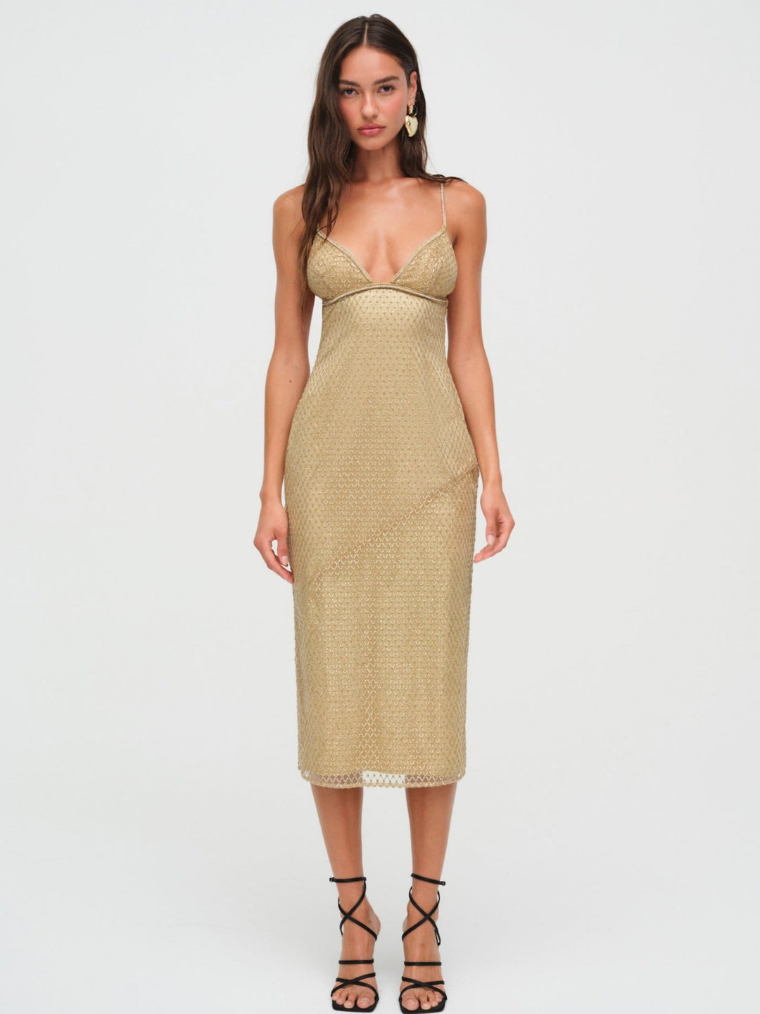 Women Glitter Grid Midi Dress - Gold