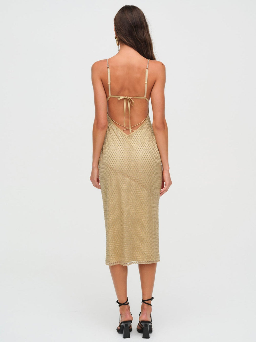 Women Glitter Grid Midi Dress - Gold