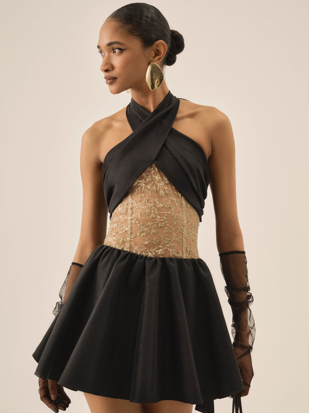 Women Shimmering Petals Mini Dress - Black