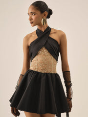 Women Shimmering Petals Mini Dress - Black