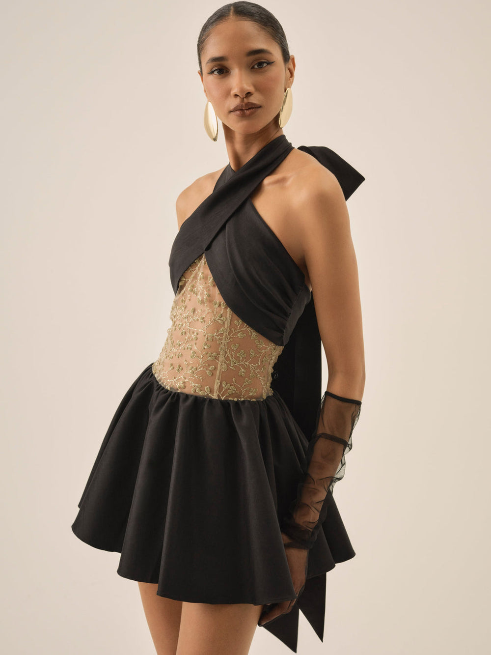 Women Shimmering Petals Mini Dress - Black