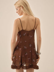 Women Beaded Garden Bow Mini Dress - Brown