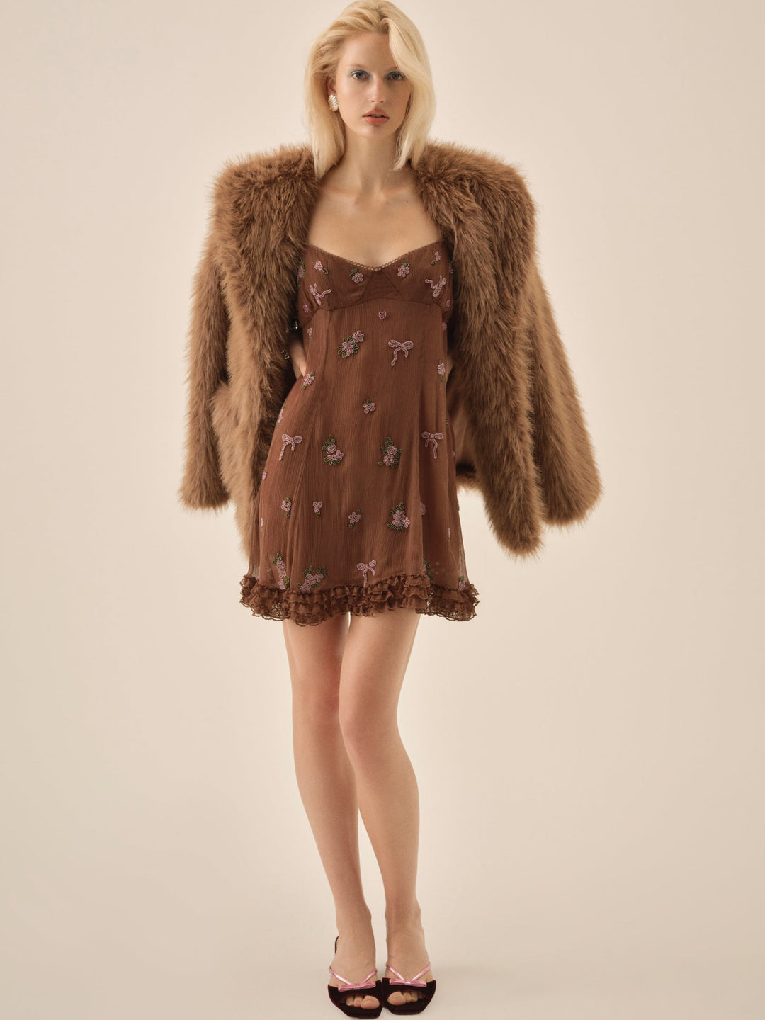 Women Beaded Garden Bow Mini Dress - Brown