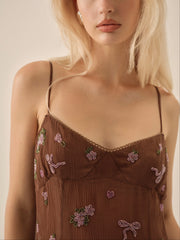 Women Beaded Garden Bow Mini Dress - Brown