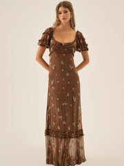 Women Beaded Garden Bow Maxi Dress - Brown