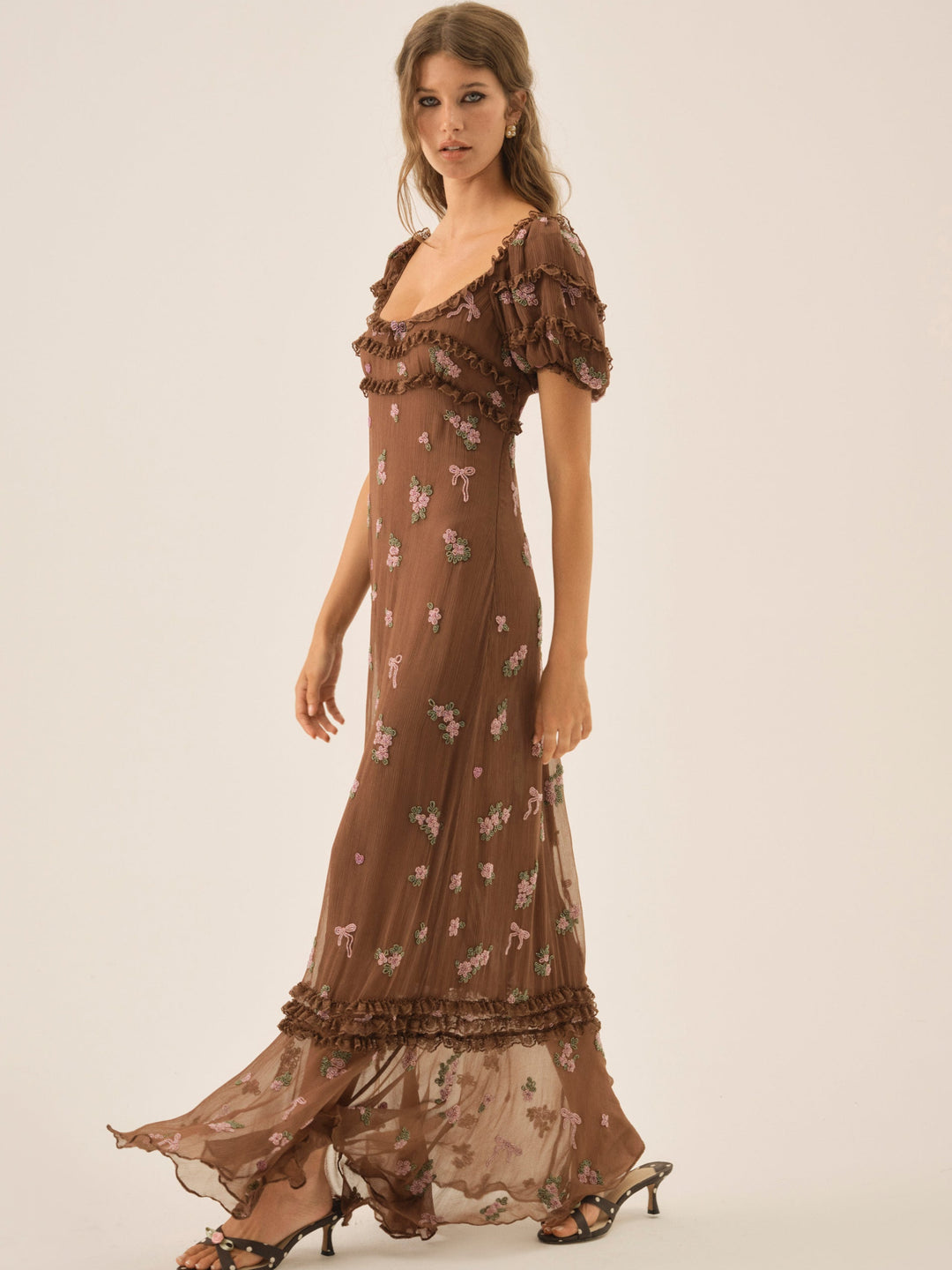 Women Beaded Garden Bow Maxi Dress - Brown