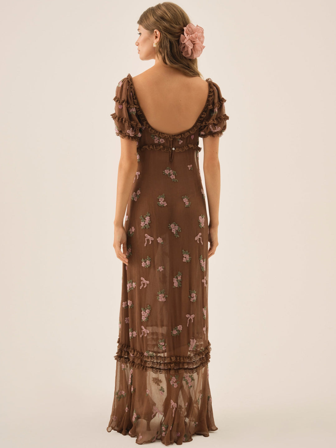 Women Beaded Garden Bow Maxi Dress - Brown