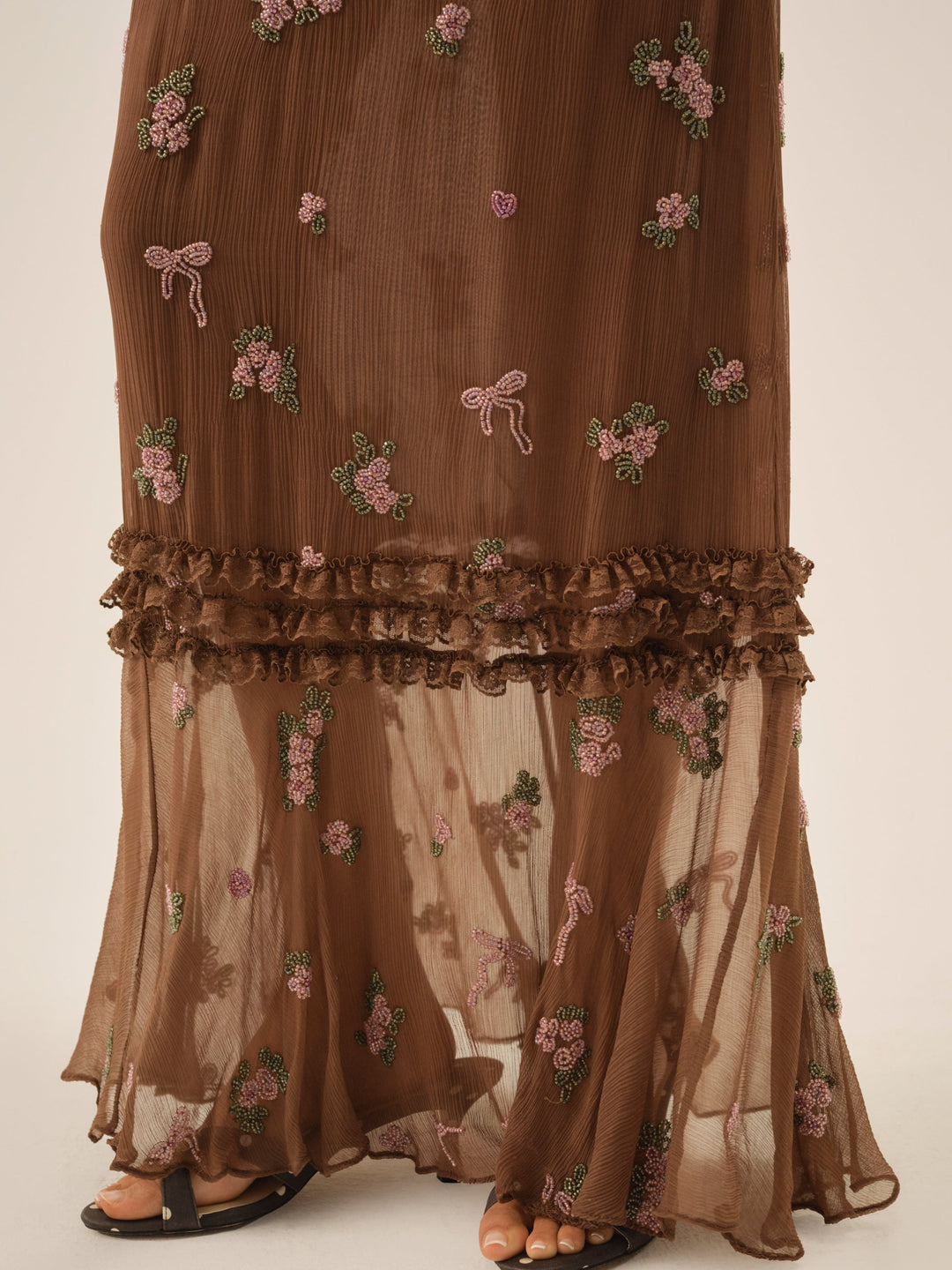 Women Beaded Garden Bow Maxi Dress - Brown