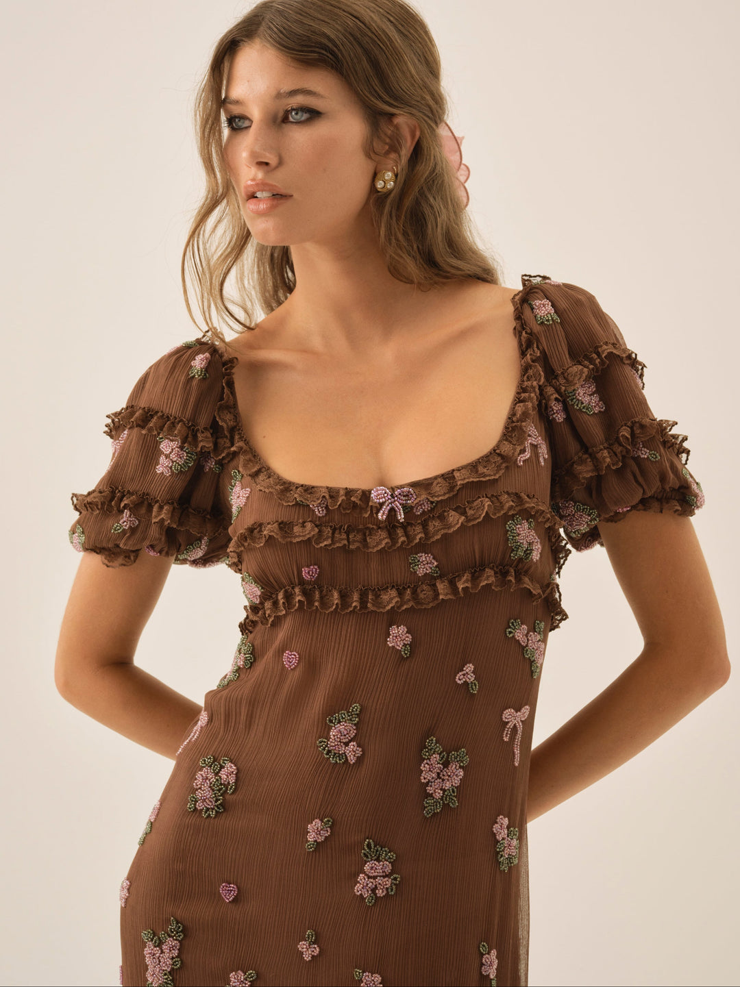Women Beaded Garden Bow Maxi Dress - Brown