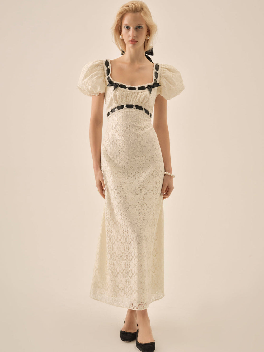 Women Creampuff Lace Maxi Dress - Cream