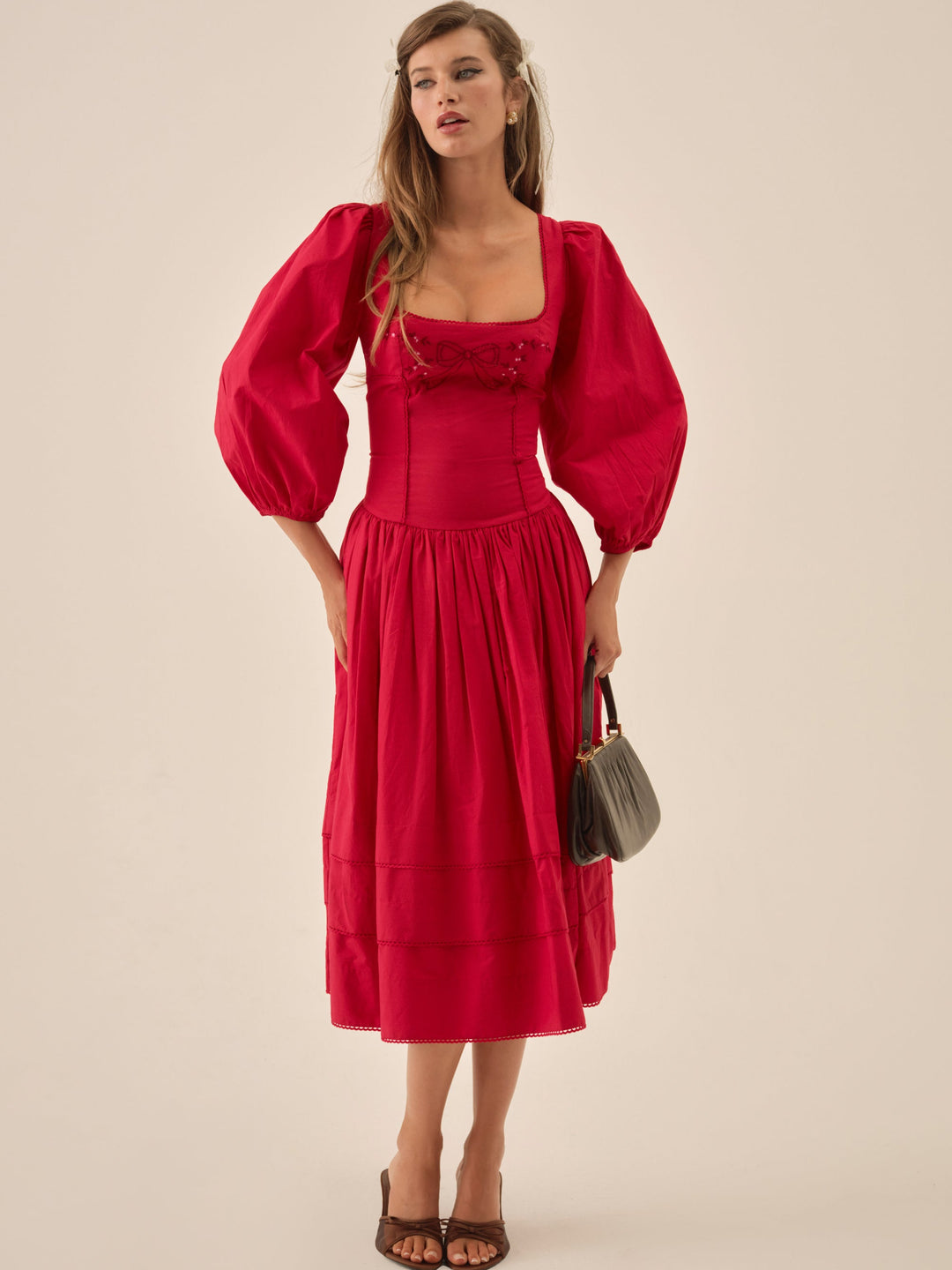 Women Betsy Bow Midi Dress - Red