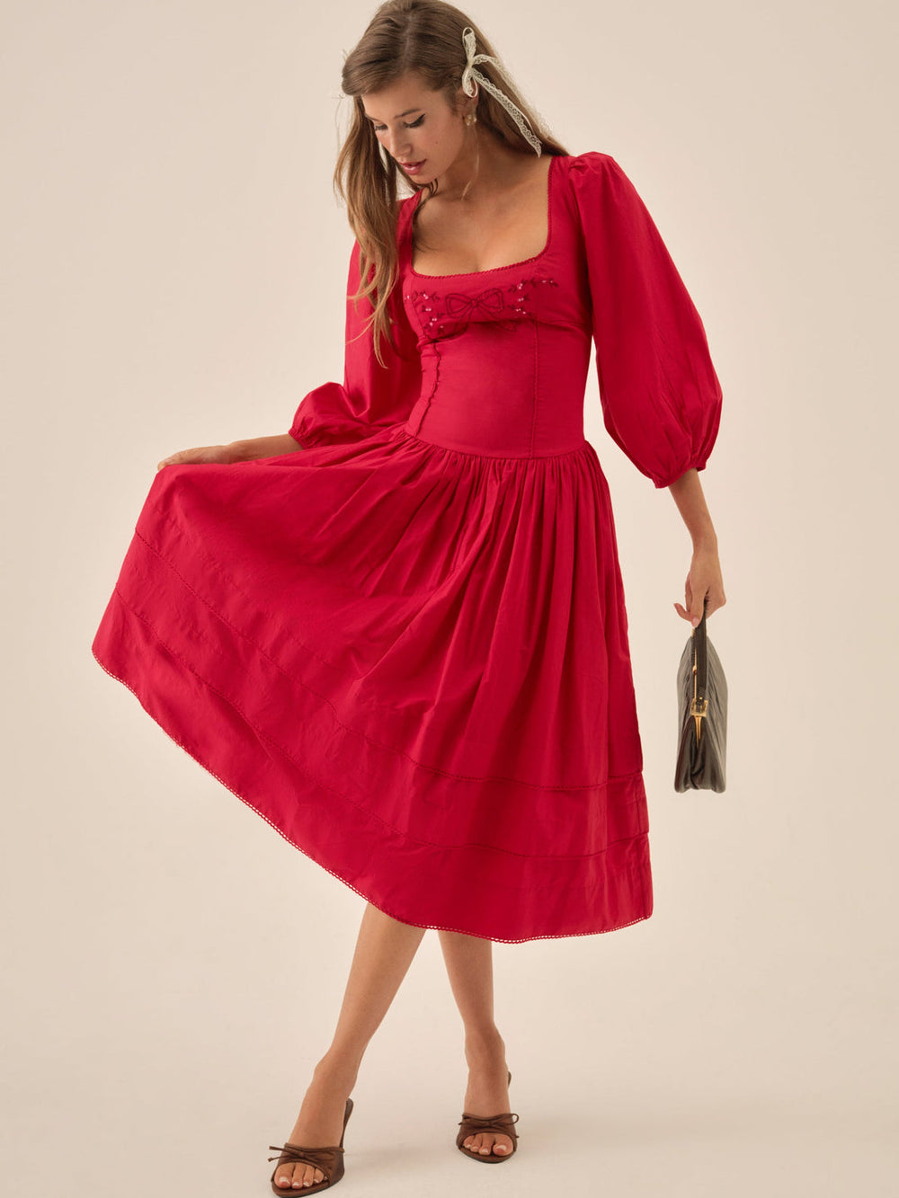 Women Betsy Bow Midi Dress - Red