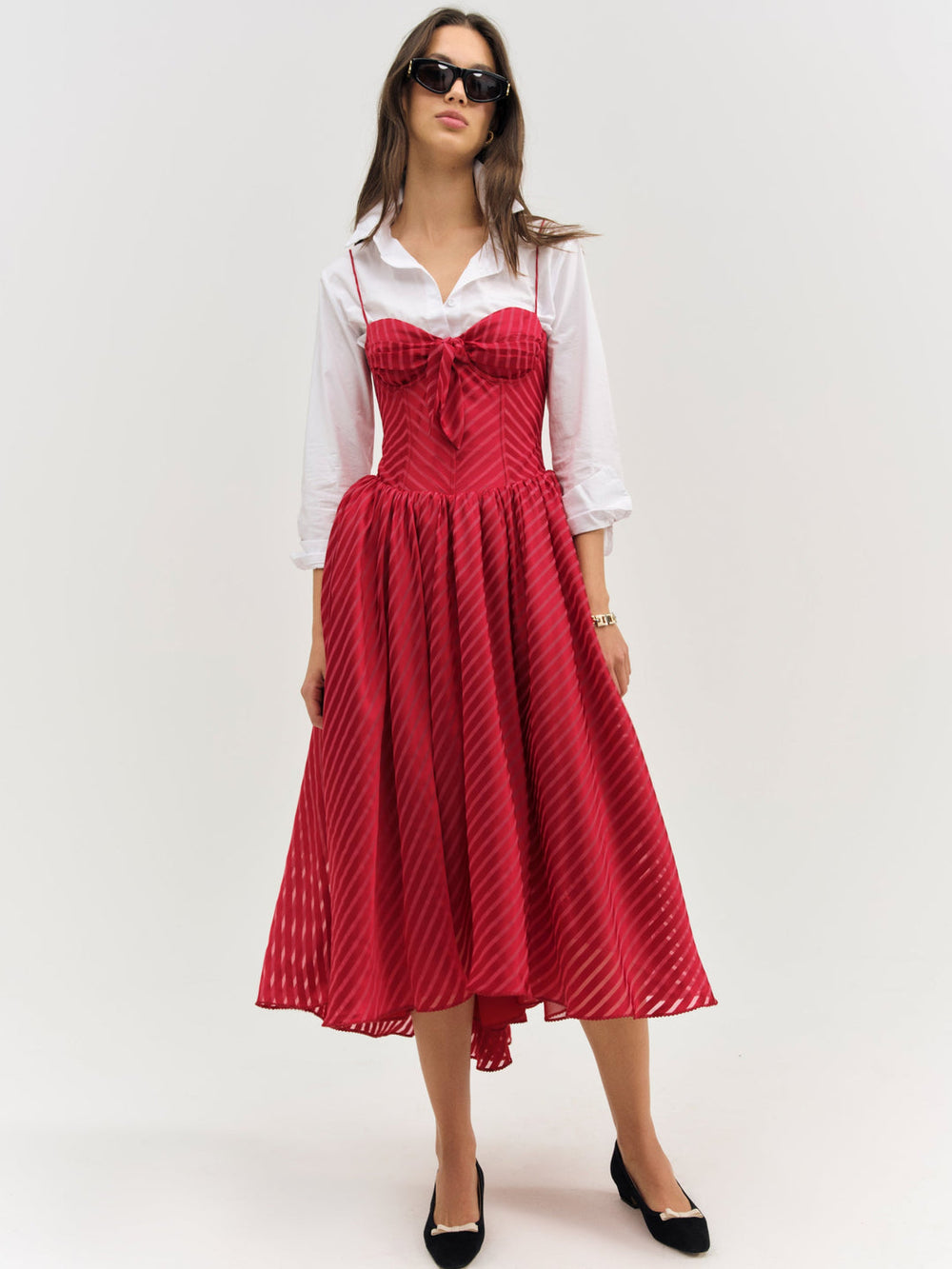 Women Satin Burnout Stripe Midi Dress - Red