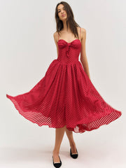 Women Satin Burnout Stripe Midi Dress - Red