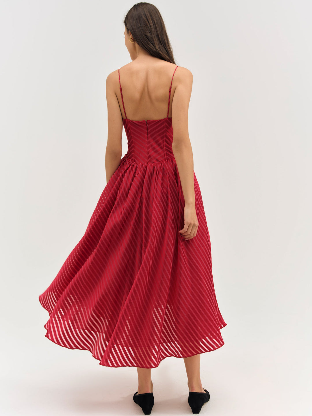 Women Satin Burnout Stripe Midi Dress - Red