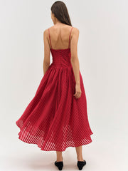 Women Satin Burnout Stripe Midi Dress - Red