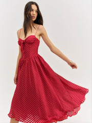 Women Satin Burnout Stripe Midi Dress - Red
