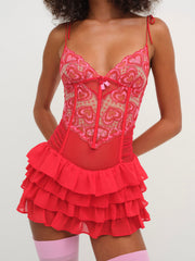 Women Heartbeat Lace Slip Dress - Red