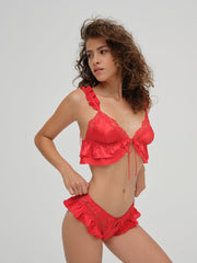 Women Butterfly Lace Ruffle Bralette - Red