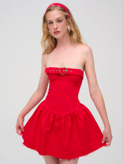 Women Lipstick Denim Mini Dress - Red