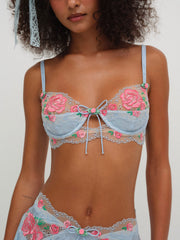 Women Vintage Rose Eyelet Bra - Blue