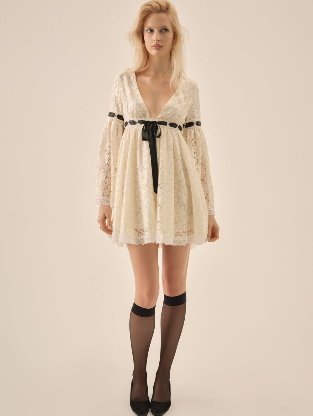 Women Creampuff Lace Mini Dress - Cream