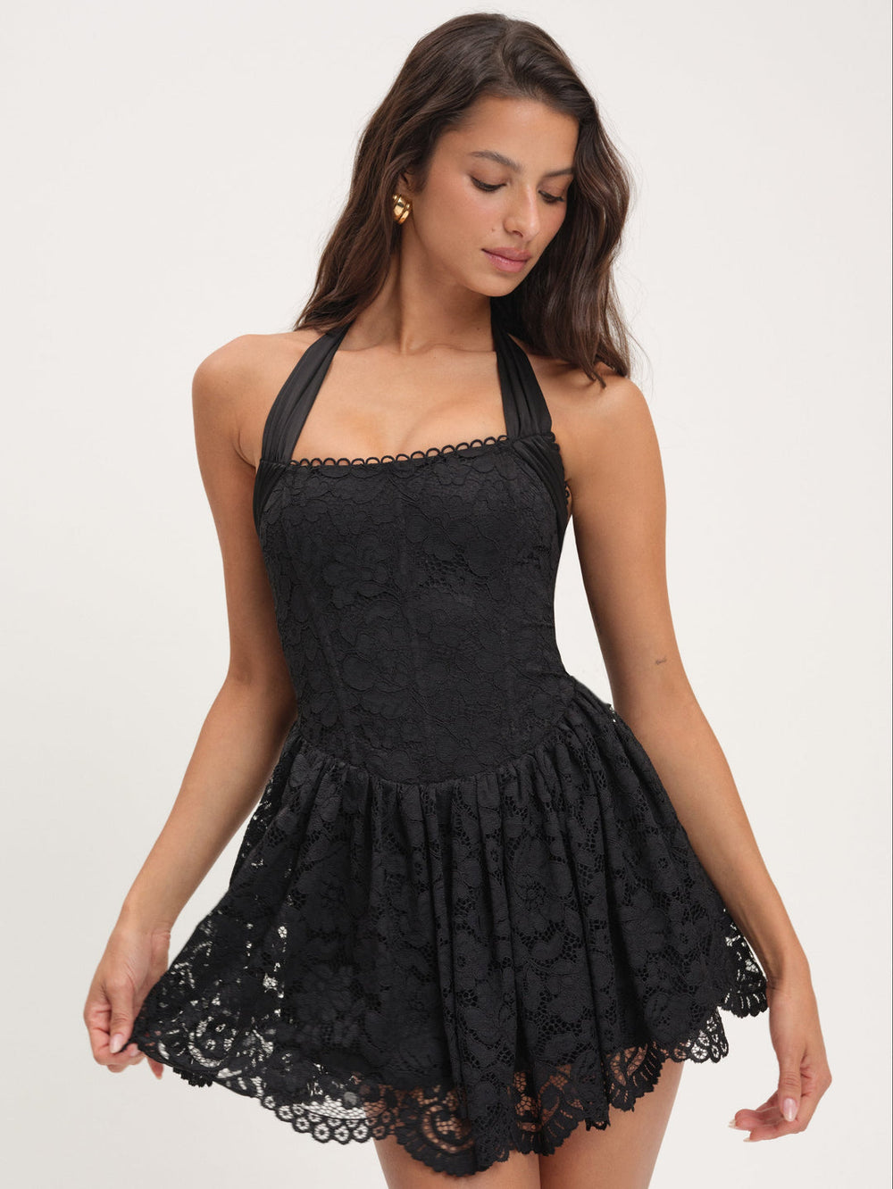 Women Lakeside Lace Halter Mini Dress - Black