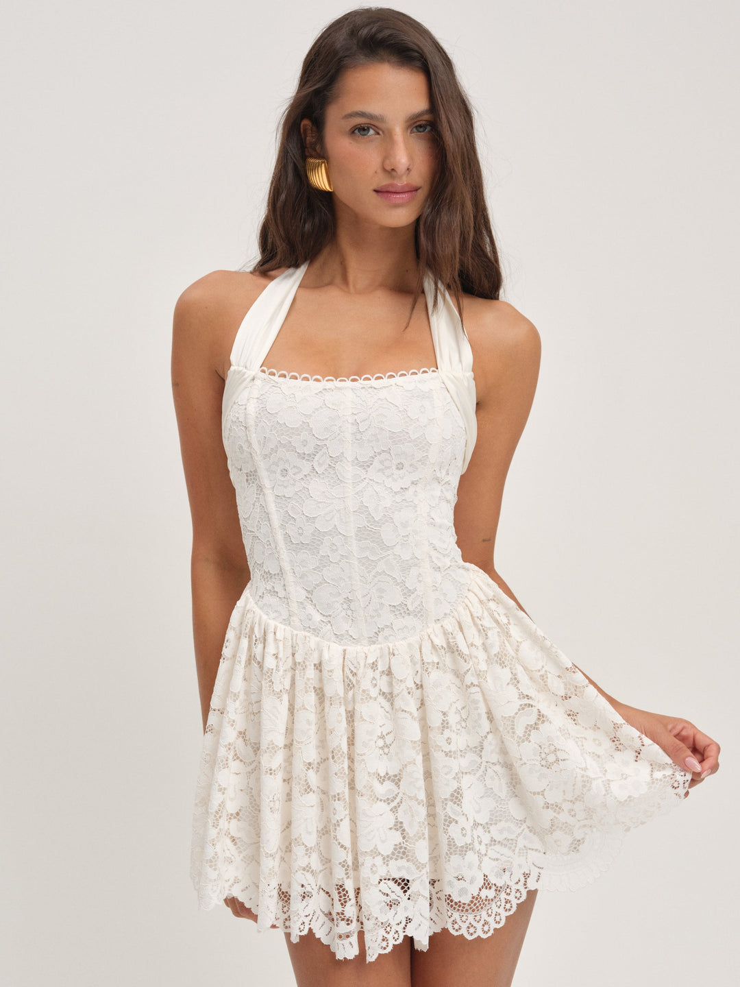 Women Lakeside Lace Halter Mini Dress - Cream