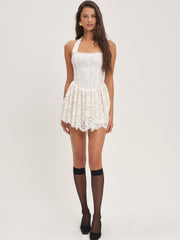 Women Lakeside Lace Halter Mini Dress - Cream