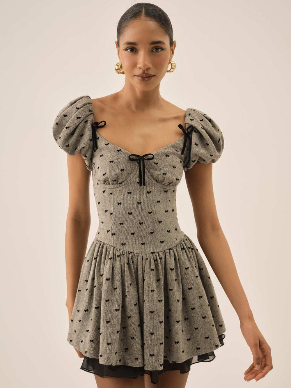 Women Twill Bow Mini Dress - Grey